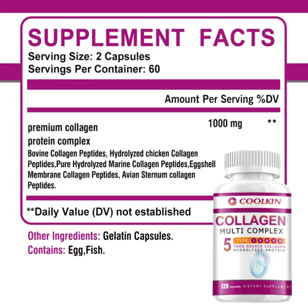 Collagen Complex - with Types I, II, III, V, X - for Healthy Hair, Bones, Cartilage, Skin & Nails - 120 Capsules - Image 2