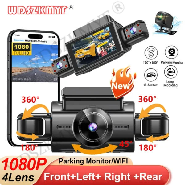 360° Car Dash Cam 4 Channels Video Recorder 1080P Car DVR 24H Parking Monitor Front Right With Rear View Night Vision Black Box