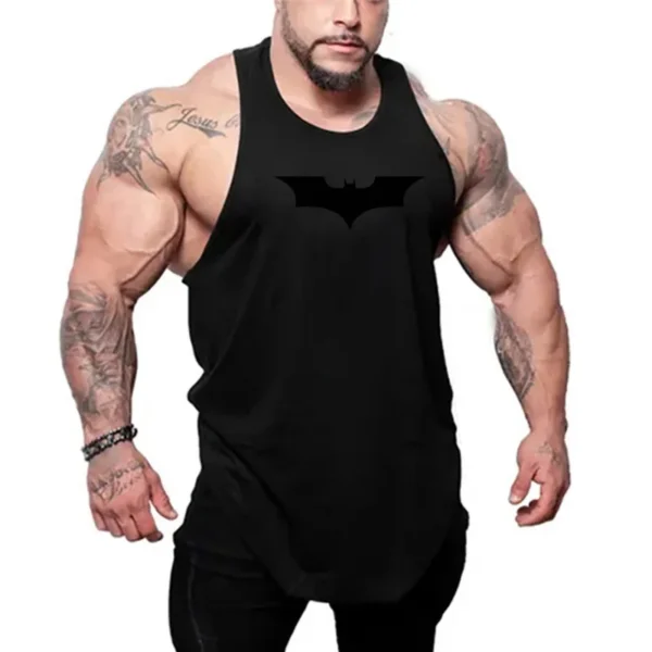 Black Bat Print Gym Fitness Running Sportswear Mens Training Bodybuilding Tank Tops Cotton Breathable Sleeveless Loose Shirts - Image 5