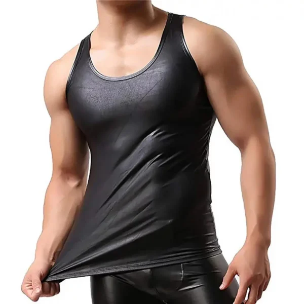 Men Sexy Leather Tank Top Erotic Shaping Sheath Stretch Shirts T-shirt Club Vest - Image 7