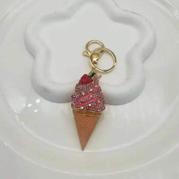 Rhinestone Ice Cream Cone Keychain Car Keyrings Women's Bags Decoration Accessories Fashion Full Crystal Pendants Jewelry Gift - Image 2