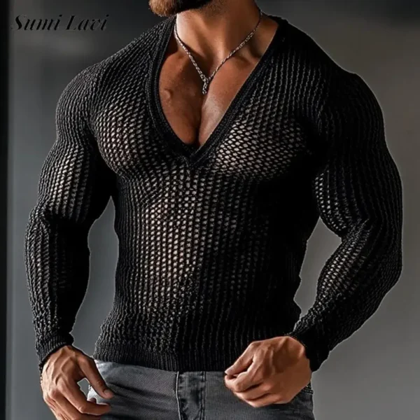 Streetwear Vintage V Neck Knit T-shirts Mens Spring Casual Long Sleeve Knitting Mesh Tops Men Clothes Sexy Hollow Out Pullovers