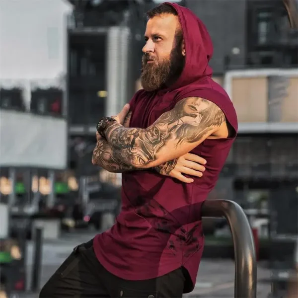 Men's leisure sports vest fitness show muscle men's sports leisure running training clothes sleeveless hooded vest outdoor stree - Image 5