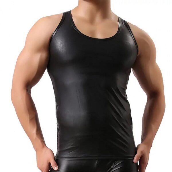 Men Sexy Leather Tank Top Erotic Shaping Sheath Stretch Shirts T-shirt Club Vest - Image 15