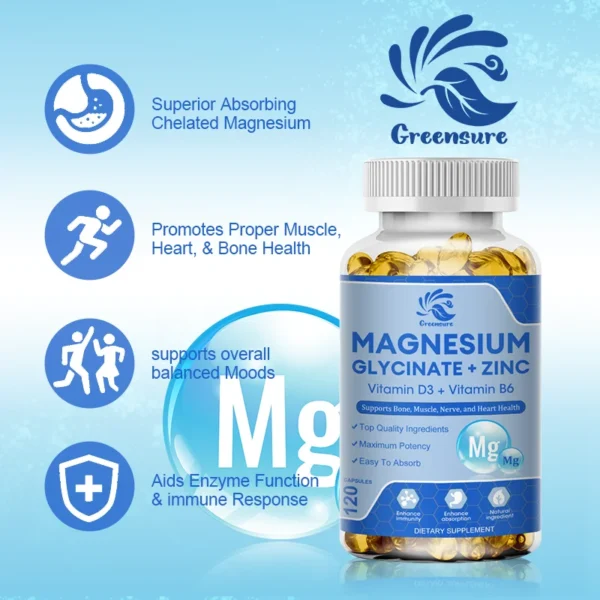 Magnesium Glycinate D3 B6 Capsules for Relax Sleep Nerve Muscle and Heart Health Supplement - Image 5