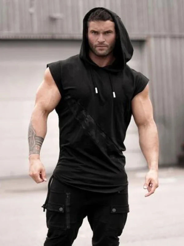Men's leisure sports vest fitness show muscle men's sports leisure running training clothes sleeveless hooded vest outdoor stree - Image 2