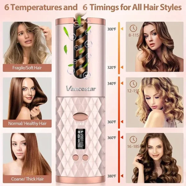 Wireless Electric 6 Timing 6 Temp. LED Cordless Automatic Hair Curler for Curls or Waves - Image 2
