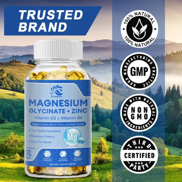 Magnesium Glycinate D3 B6 Capsules for Relax Sleep Nerve Muscle and Heart Health Supplement - Image 3