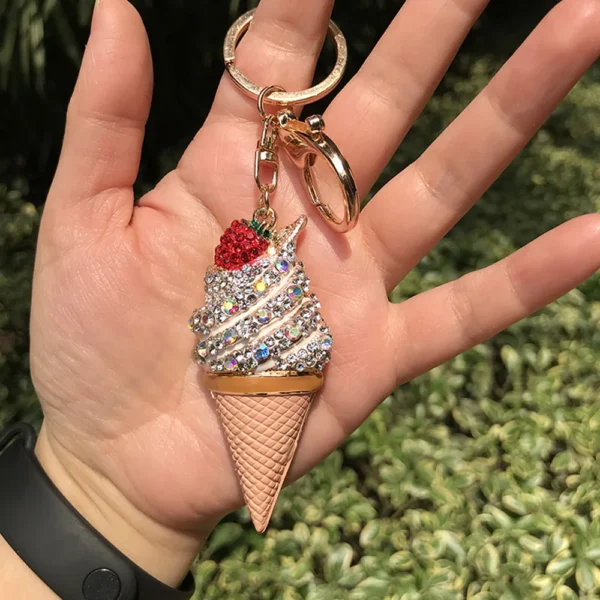 Rhinestone Ice Cream Cone Keychain Car Keyrings Women's Bags Decoration Accessories Fashion Full Crystal Pendants Jewelry Gift - Image 3