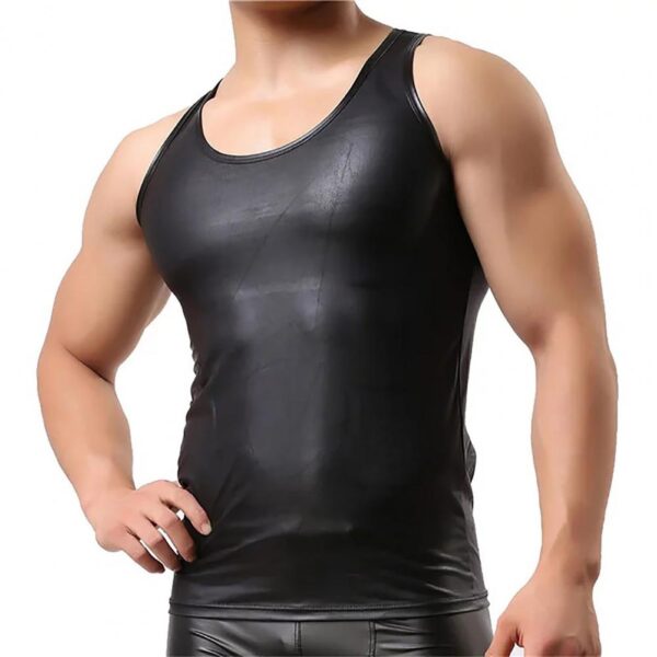 Men Sexy Leather Tank Top Erotic Shaping Sheath Stretch Shirts T-shirt Club Vest - Image 14