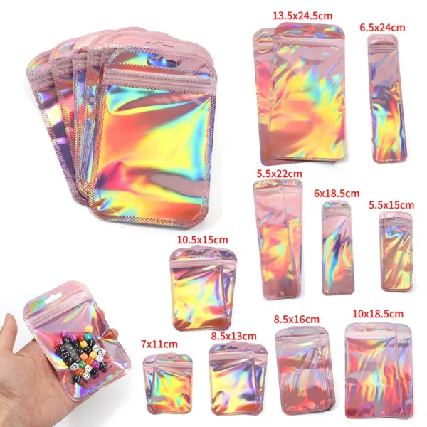 50pcs 100pcs Pink Laser Ziplock Bags Reusable Plastic Transparent Bags for Jewelry Packaging Cosmetic Retail Display Bags - Image 8