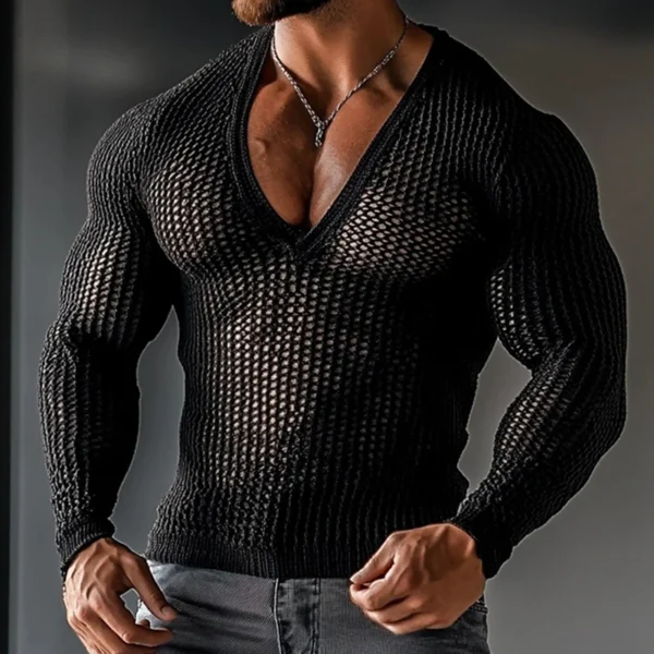 Streetwear Vintage V Neck Knit T-shirts Mens Spring Casual Long Sleeve Knitting Mesh Tops Men Clothes Sexy Hollow Out Pullovers - Image 7