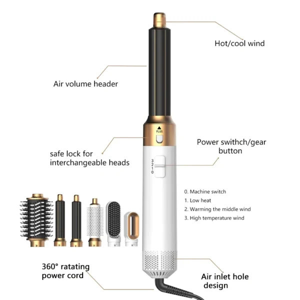 6 in 1 Hair Dryer Comb Brush Multifunctional Styling Set Curling Roller Straightener Hot Air Blow Styler Kit - Image 16
