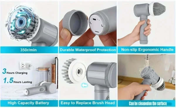 Electric Spin Scrubber Cordless Spin Scrubber with 6 Replaceable Brush Heads  Electric Cleaning Brush Cleaning Tools - Image 12