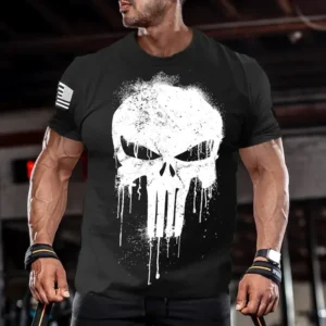 Summer Vintage Men's T Shirt Militar Skull Print Tees Casual Short Sleeve Pullover Oversized Man Clothing Outdoor O Neck T-Shirt